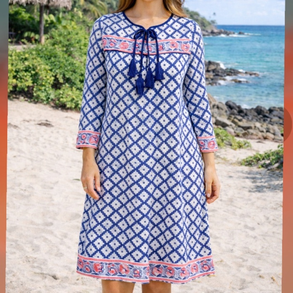 SZ Blockprints Leyla Tunic Printed Tassel Dress Blue White‎ Block Pink Floral M